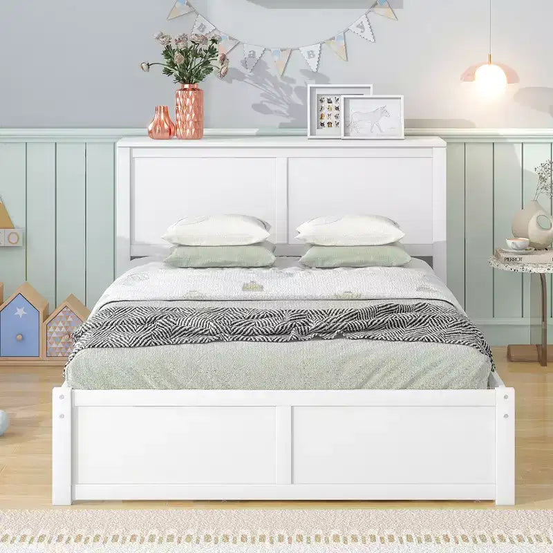 Lit plateforme Whisen avec étagères coulissantes et lit gigogne simple - Blanc
