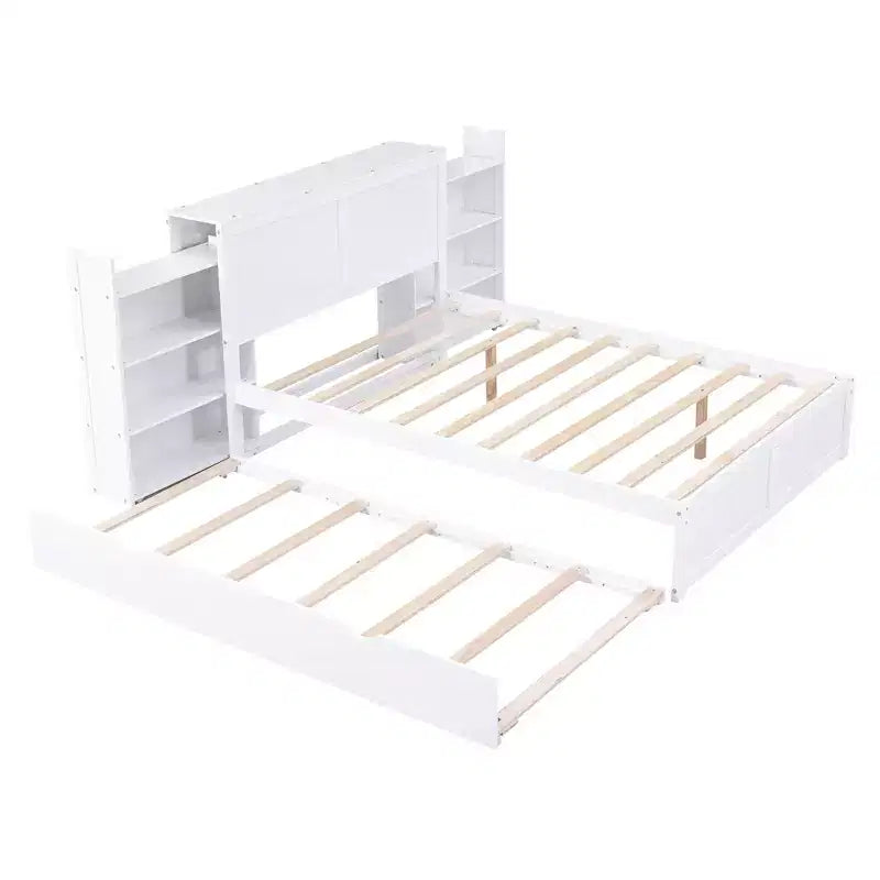 Lit plateforme Whisen avec étagères coulissantes et lit gigogne simple - Blanc