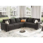 Canapé d'angle modulable 6 places en velours capitonné Belffin avec pouf de rangement