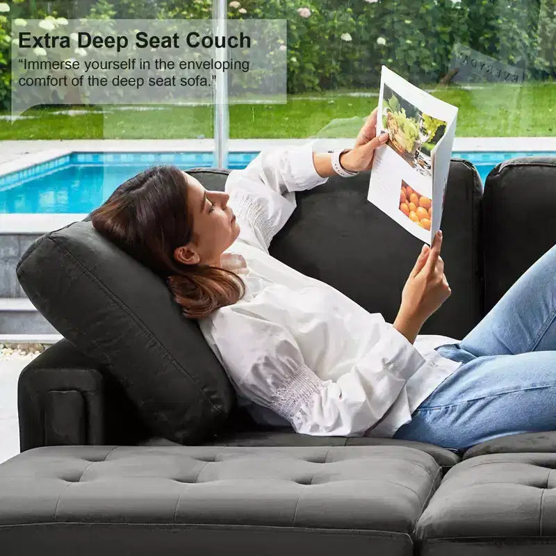 Canapé d'angle modulable 6 places en velours capitonné Belffin avec pouf de rangement