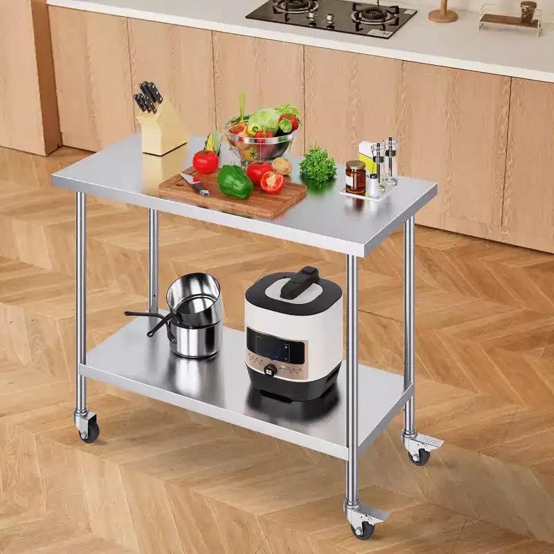 Table de travail VEVOR en acier inoxydable 24 x 48 x 38 pouces, avec 4 roulettes, 3 niveaux de hauteur réglables, table de préparation alimentaire robuste, argent