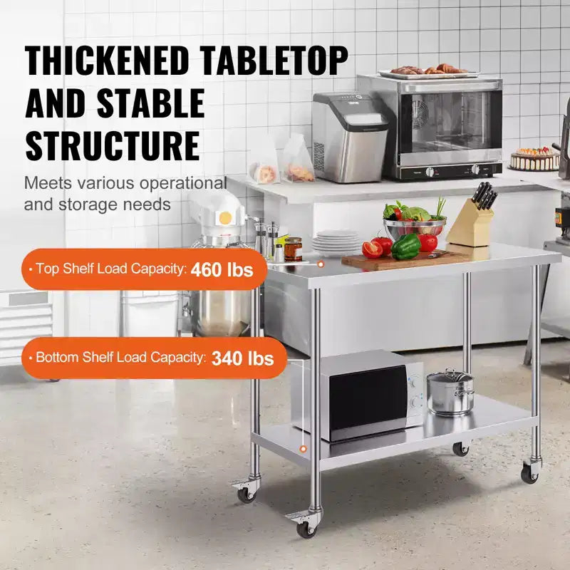Table de travail VEVOR en acier inoxydable 24 x 48 x 38 pouces, avec 4 roulettes, 3 niveaux de hauteur réglables, table de préparation alimentaire robuste, argent