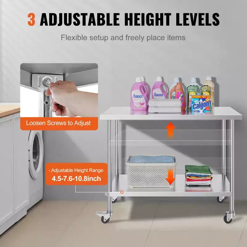 Table de travail VEVOR en acier inoxydable 24 x 48 x 38 pouces, avec 4 roulettes, 3 niveaux de hauteur réglables, table de préparation alimentaire robuste, argent