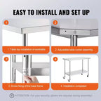 Table de travail VEVOR en acier inoxydable 24 x 48 x 38 pouces, avec 4 roulettes, 3 niveaux de hauteur réglables, table de préparation alimentaire robuste, argent