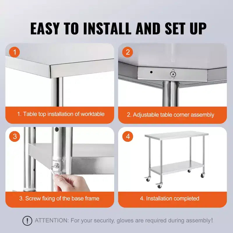Table de travail VEVOR en acier inoxydable 24 x 48 x 38 pouces, avec 4 roulettes, 3 niveaux de hauteur réglables, table de préparation alimentaire robuste, argent