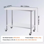 Table de travail VEVOR en acier inoxydable 24 x 48 x 38 pouces, avec 4 roulettes, 3 niveaux de hauteur réglables, table de préparation alimentaire robuste, argent