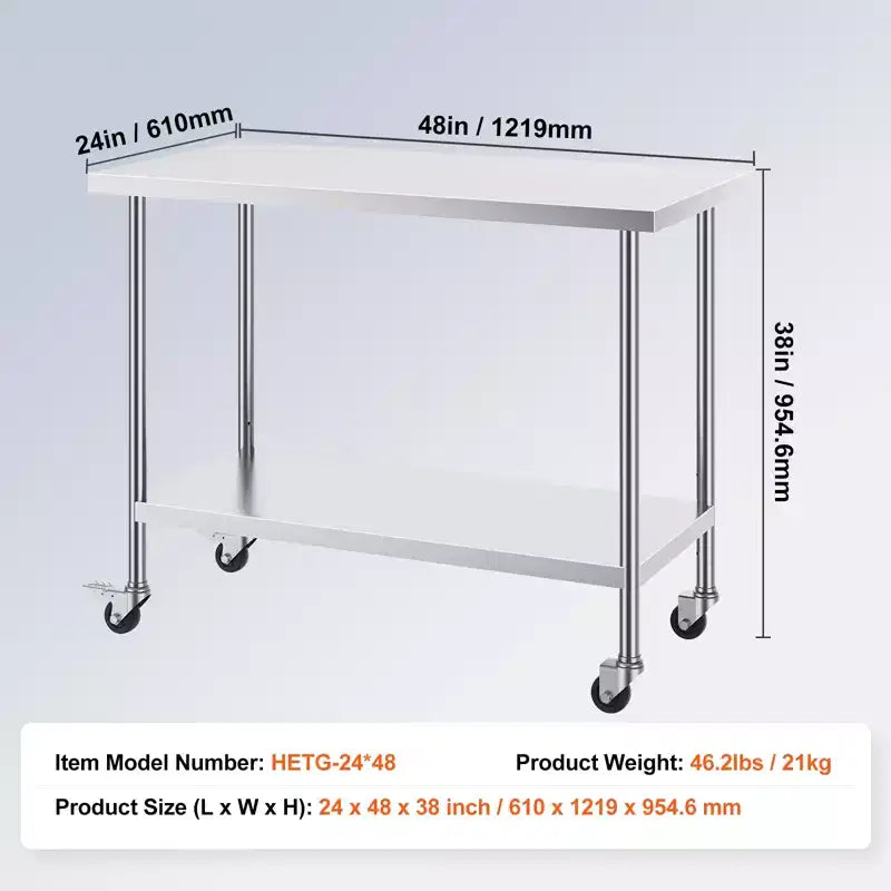 Table de travail VEVOR en acier inoxydable 24 x 48 x 38 pouces, avec 4 roulettes, 3 niveaux de hauteur réglables, table de préparation alimentaire robuste, argent