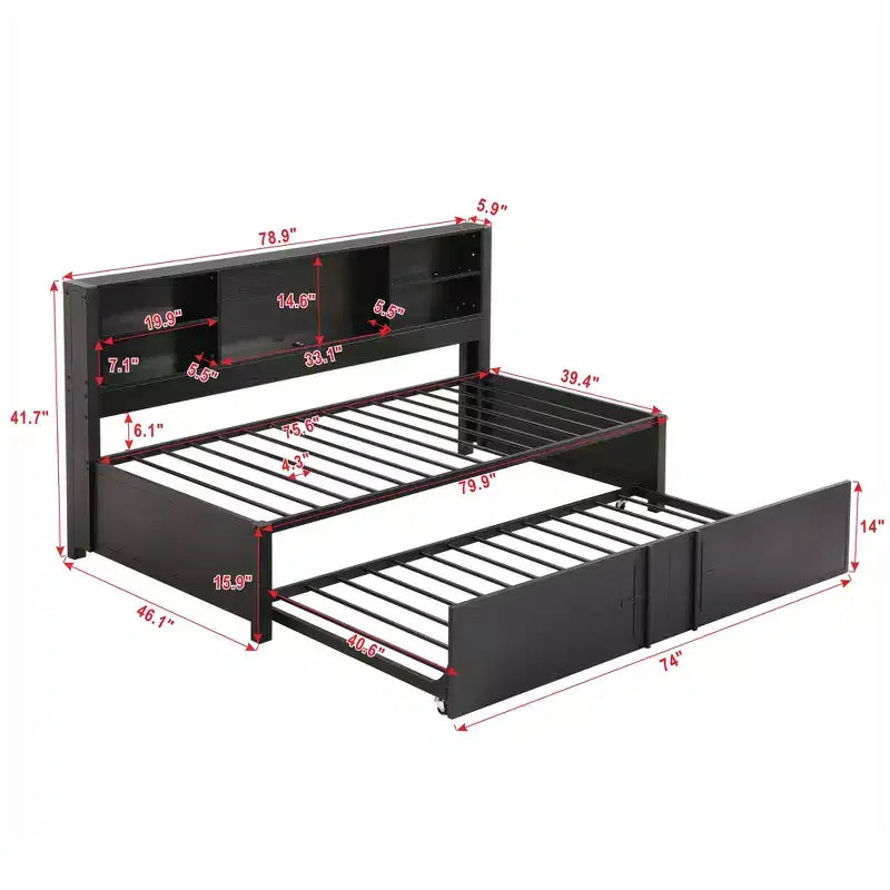 Lit de repos Whisen en métal de taille double avec lit gigogne double, étagères de rangement et ports USB