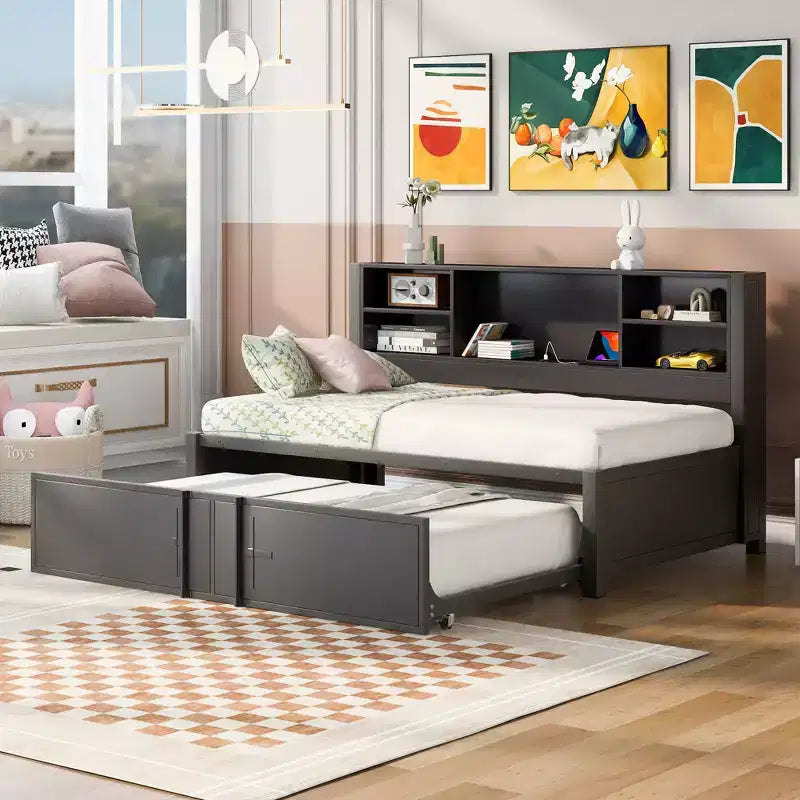 Lit de repos Whisen en métal de taille double avec lit gigogne double, étagères de rangement et ports USB