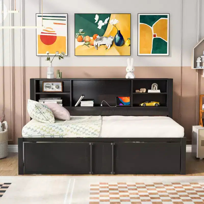 Lit de repos Whisen en métal de taille double avec lit gigogne double, étagères de rangement et ports USB