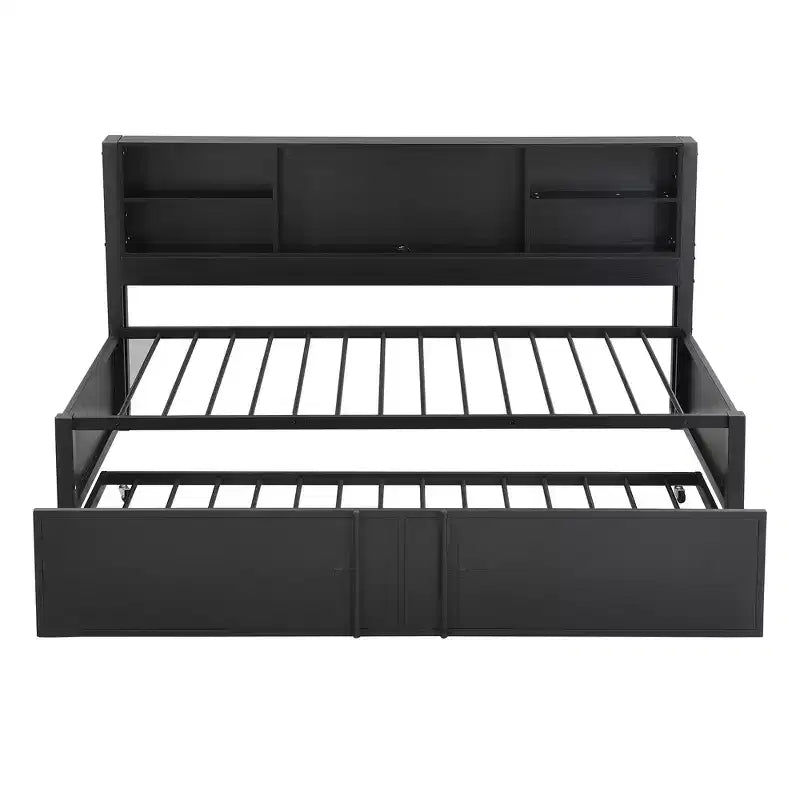Lit de repos Whisen en métal de taille double avec lit gigogne double, étagères de rangement et ports USB