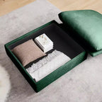 Canapé d'angle confortable en velours côtelé avec oreillers et accoudoirs ronds, canapé-lit moderne profond avec pouf de rangement