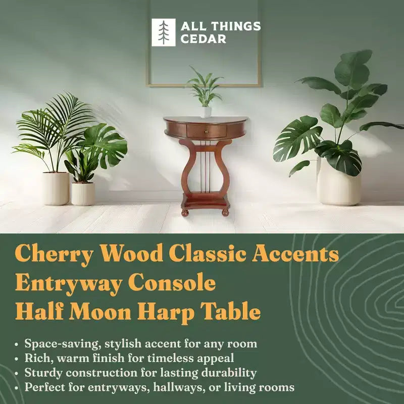 Table console harpe demi-lune en bois All Things Cedar avec tiroir de rangement pour salon et entrée, meuble d'appoint, accents classiques, cerisier