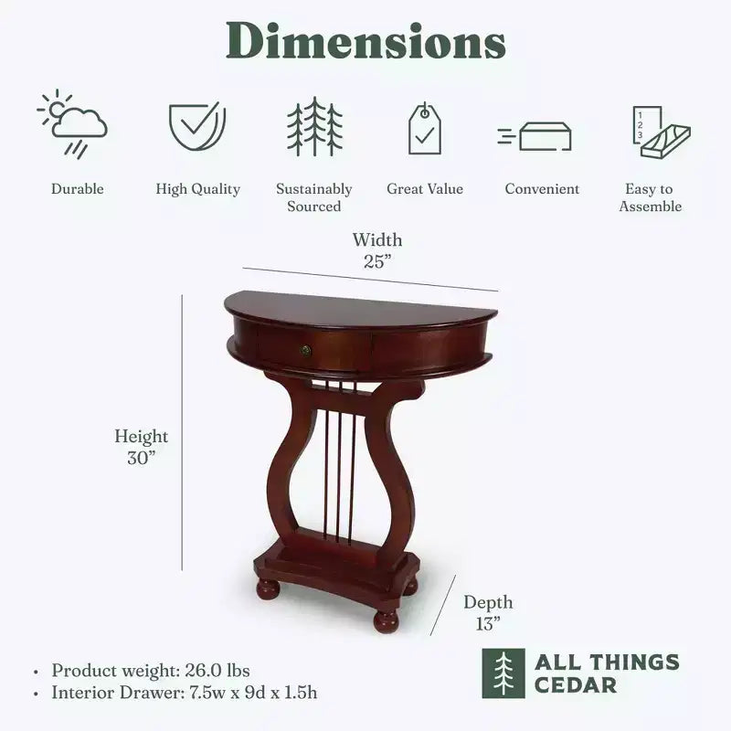 Table console harpe demi-lune en bois All Things Cedar avec tiroir de rangement pour salon et entrée, meuble d'appoint, accents classiques, cerisier
