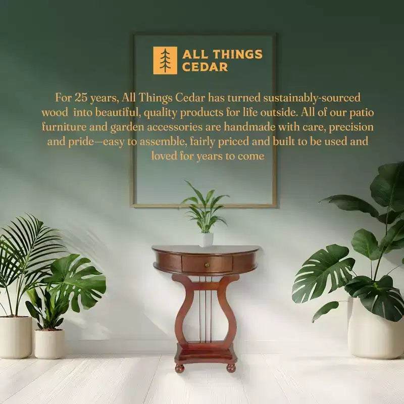 Table console harpe demi-lune en bois All Things Cedar avec tiroir de rangement pour salon et entrée, meuble d'appoint, accents classiques, cerisier