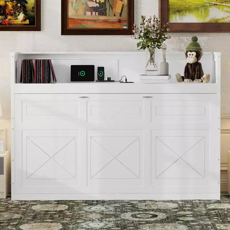 Lit escamotable mural Twin XL, lit escamotable en bois avec bureau intégré, lumière LED et station de charge USB, blanc - ModernLuxe