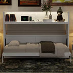 Lit escamotable mural Twin XL, lit escamotable en bois avec bureau intégré, lumière LED et station de charge USB, blanc - ModernLuxe