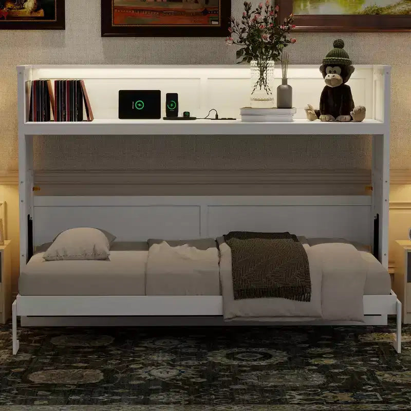 Lit escamotable mural Twin XL, lit escamotable en bois avec bureau intégré, lumière LED et station de charge USB, blanc - ModernLuxe
