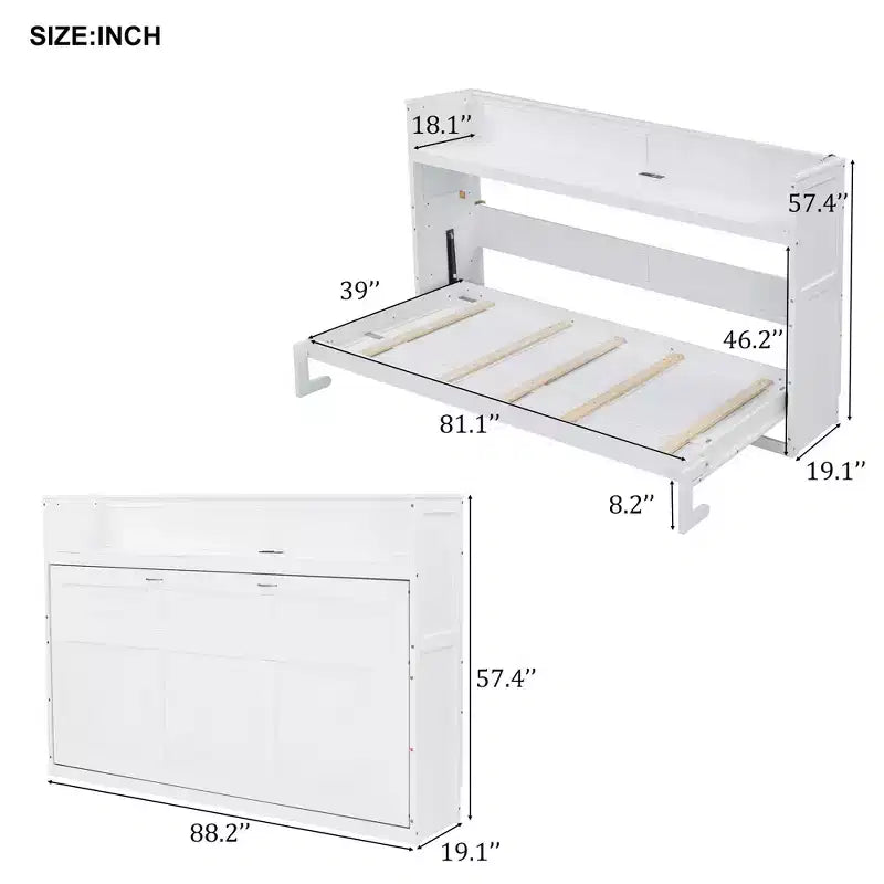 Lit escamotable mural Twin XL, lit escamotable en bois avec bureau intégré, lumière LED et station de charge USB, blanc - ModernLuxe