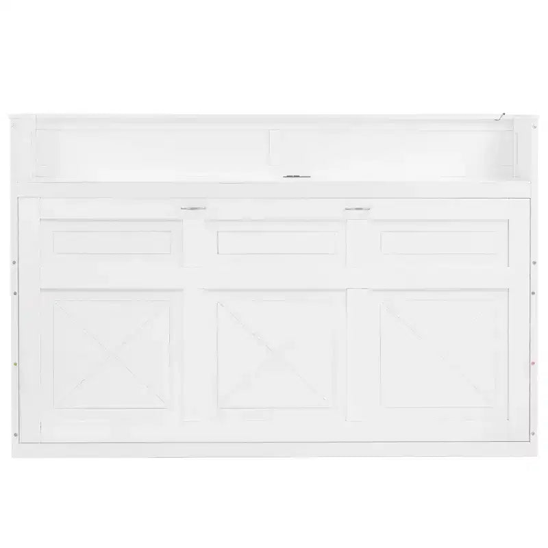 Lit escamotable mural Twin XL, lit escamotable en bois avec bureau intégré, lumière LED et station de charge USB, blanc - ModernLuxe