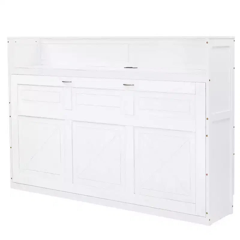 Lit escamotable mural Twin XL, lit escamotable en bois avec bureau intégré, lumière LED et station de charge USB, blanc - ModernLuxe