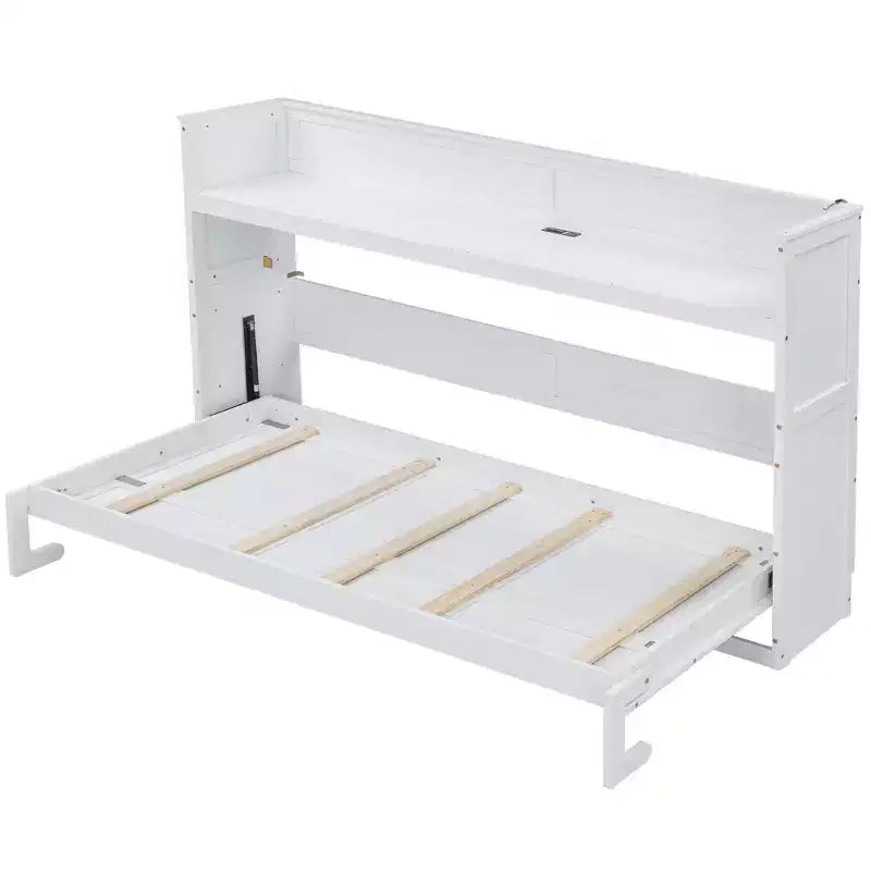 Lit escamotable mural Twin XL, lit escamotable en bois avec bureau intégré, lumière LED et station de charge USB, blanc - ModernLuxe