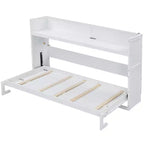 Lit escamotable mural Twin XL, lit escamotable en bois avec bureau intégré, lumière LED et station de charge USB, blanc - ModernLuxe