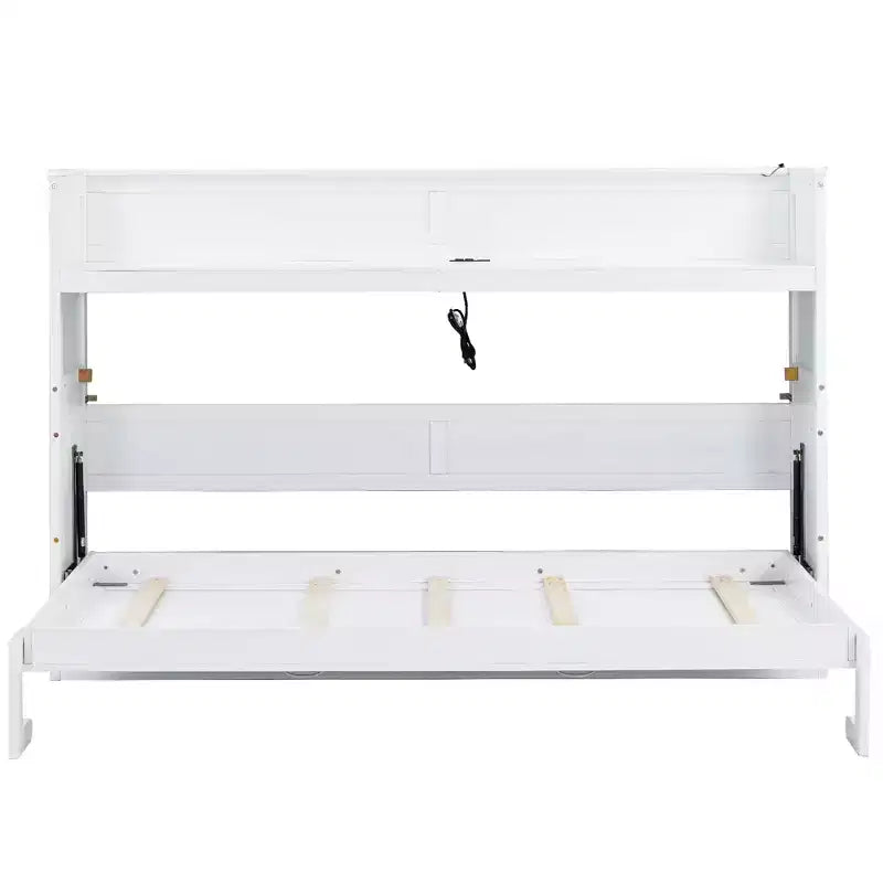 Lit escamotable mural Twin XL, lit escamotable en bois avec bureau intégré, lumière LED et station de charge USB, blanc - ModernLuxe