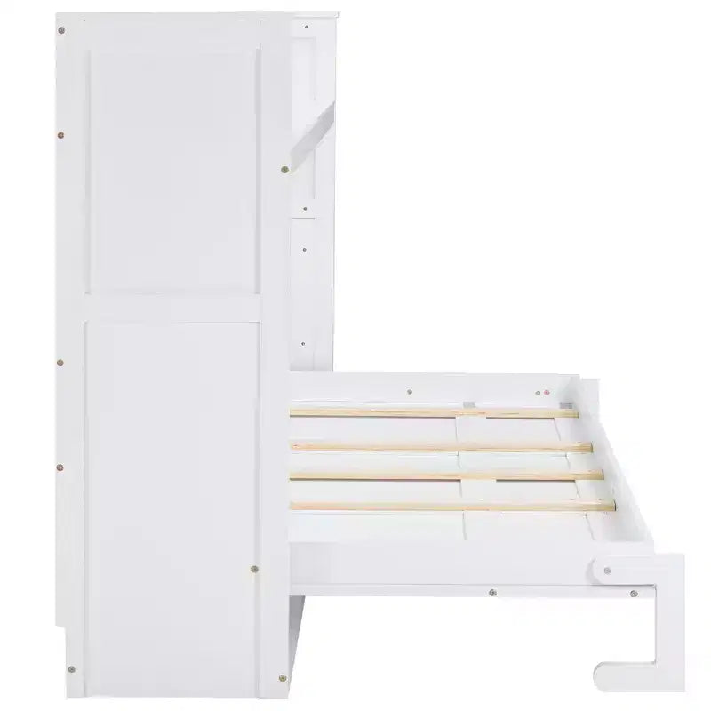 Lit escamotable mural Twin XL, lit escamotable en bois avec bureau intégré, lumière LED et station de charge USB, blanc - ModernLuxe