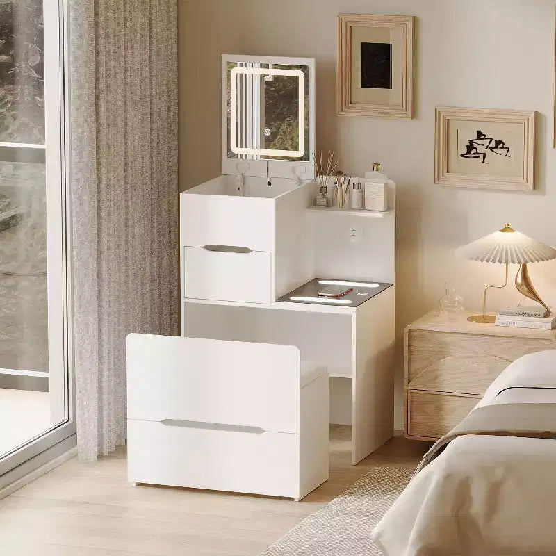 Coiffeuse compacte Famapy avec miroir éclairé, port USB et recharge sans fil