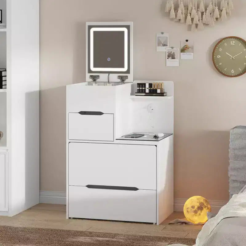 Coiffeuse compacte Famapy avec miroir éclairé, port USB et recharge sans fil