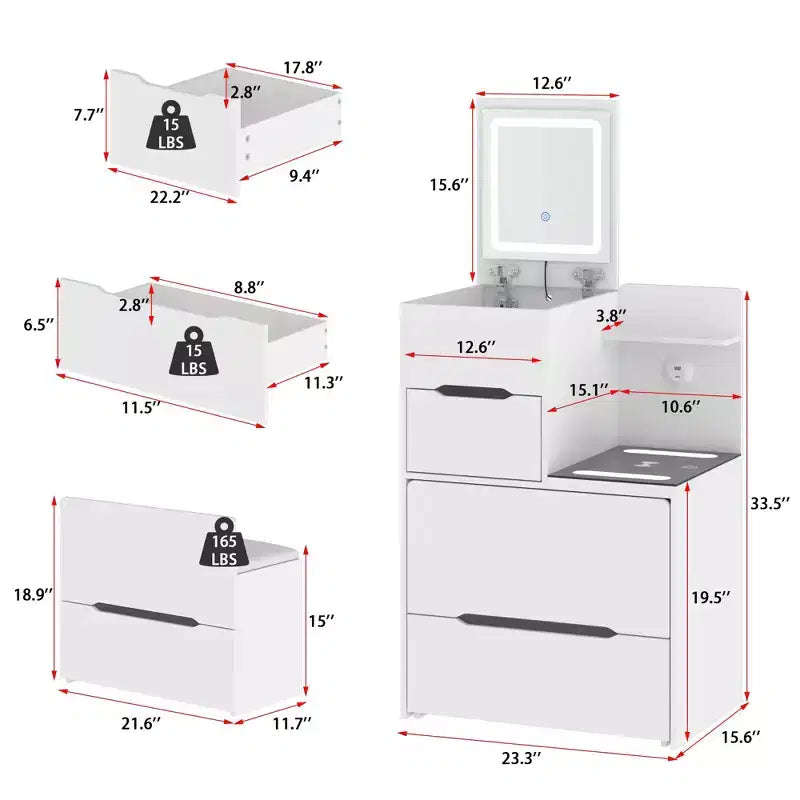 Coiffeuse compacte Famapy avec miroir éclairé, port USB et recharge sans fil