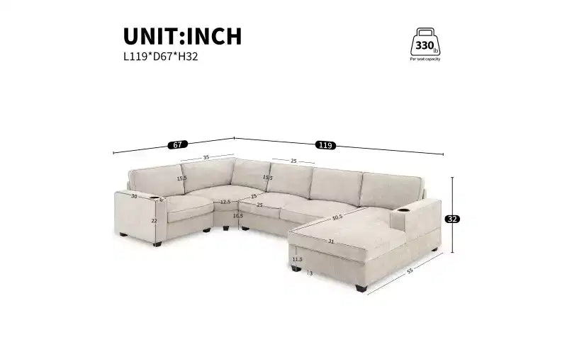 Canapé sectionnel en forme de U Whisen, ensemble de canapé d'angle en chenille 6 places avec méridienne surdimensionnée