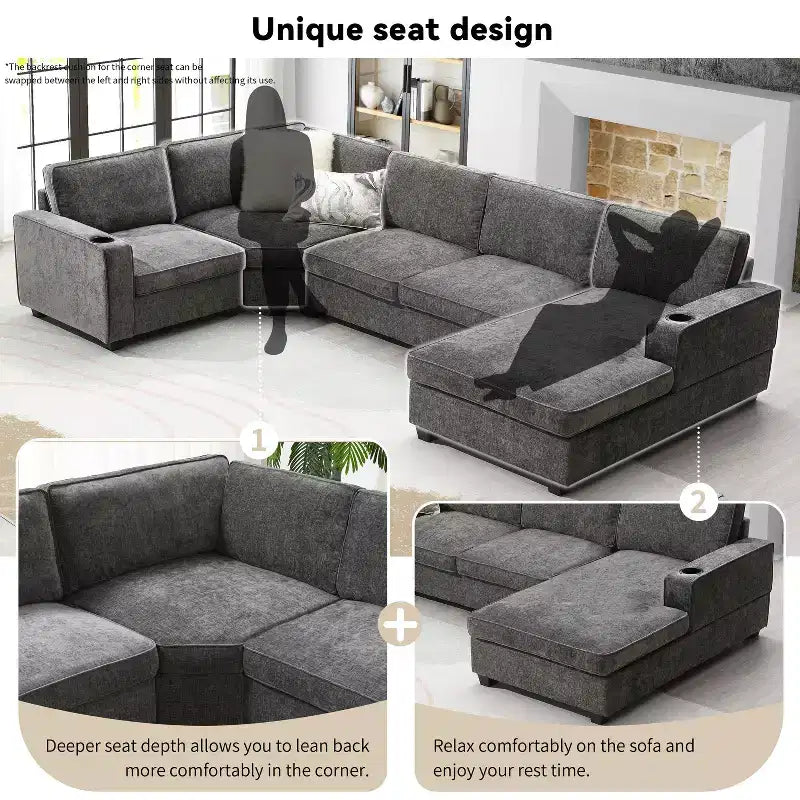 Canapé sectionnel en forme de U Whisen, ensemble de canapé d'angle en chenille 6 places avec méridienne surdimensionnée