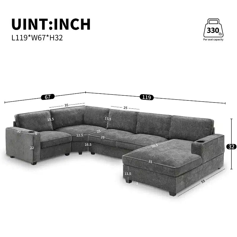 Canapé sectionnel en forme de U Whisen, ensemble de canapé d'angle en chenille 6 places avec méridienne surdimensionnée