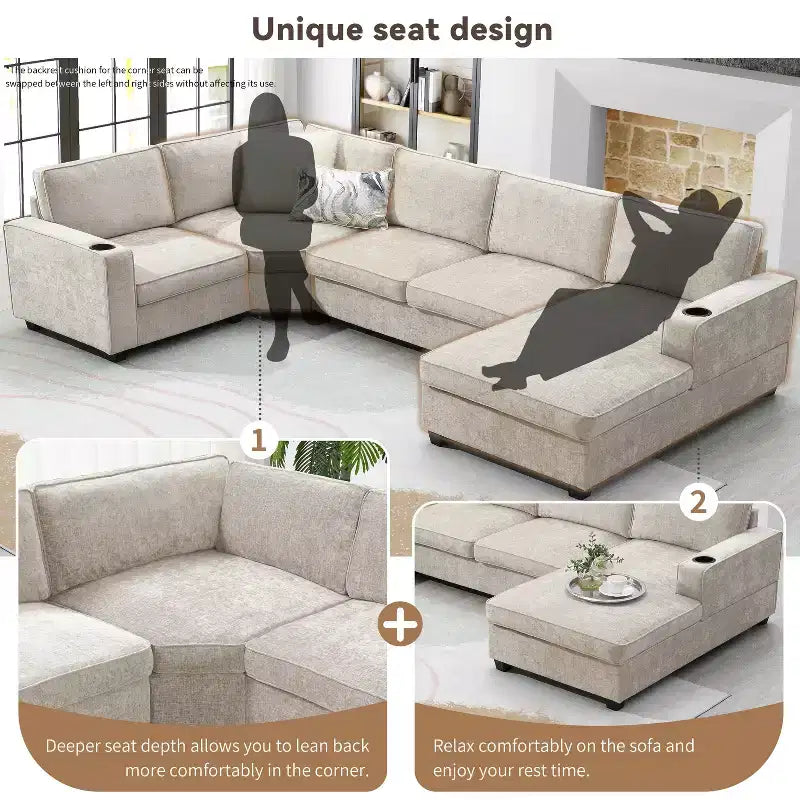 Canapé sectionnel en forme de U Whisen, ensemble de canapé d'angle en chenille 6 places avec méridienne surdimensionnée