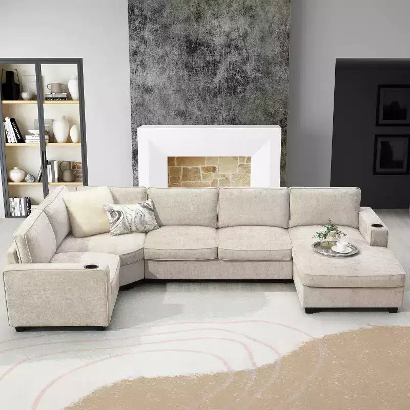Whisen U Shaped Sectional Sofa,6 Seat Chenille Corner Couch Set with Oversized Chaise Lounge