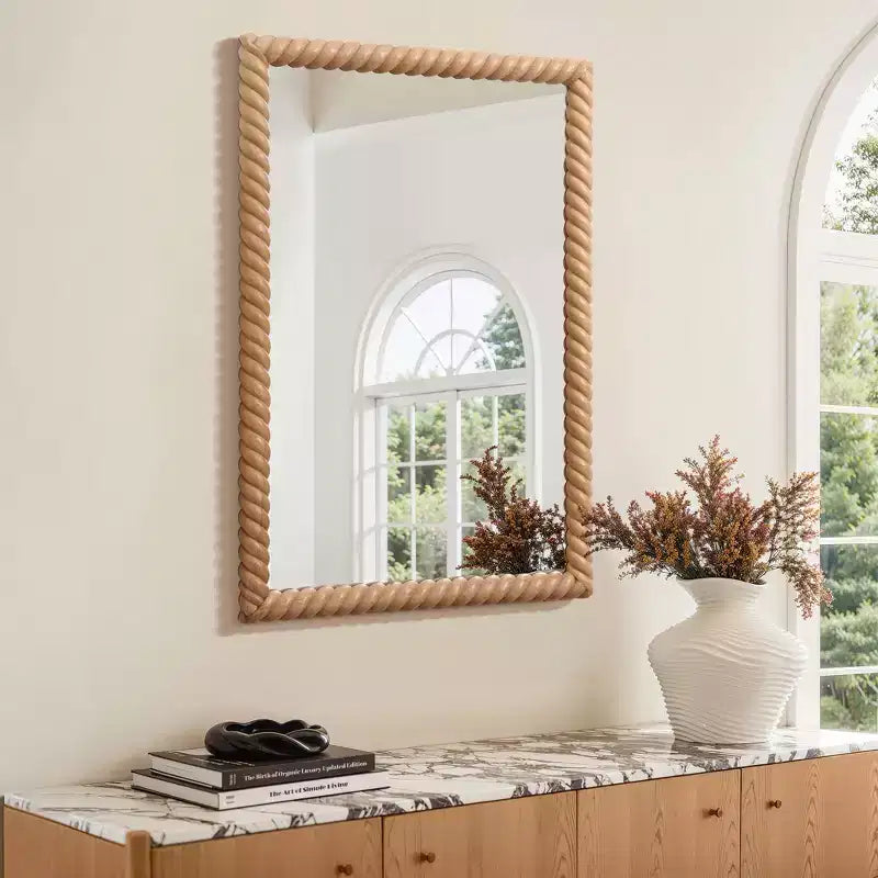 Miroir mural rectangulaire LuxenHome de 90 cm de hauteur avec cadre en bois de hêtre, marron, décoratif et de vanité