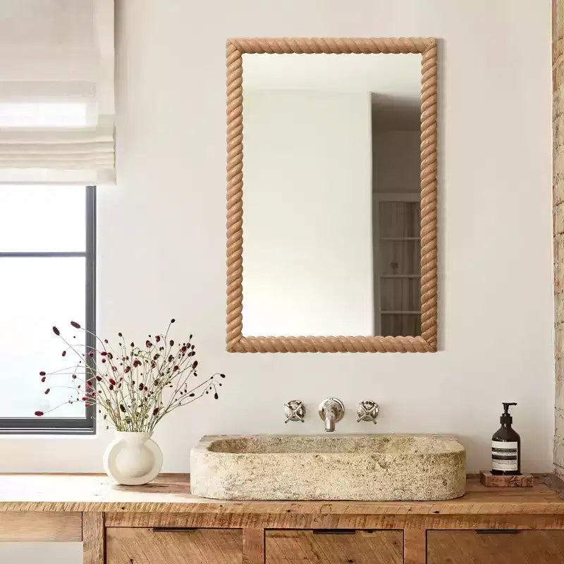 Miroir mural rectangulaire LuxenHome de 90 cm de hauteur avec cadre en bois de hêtre, marron, décoratif et de vanité