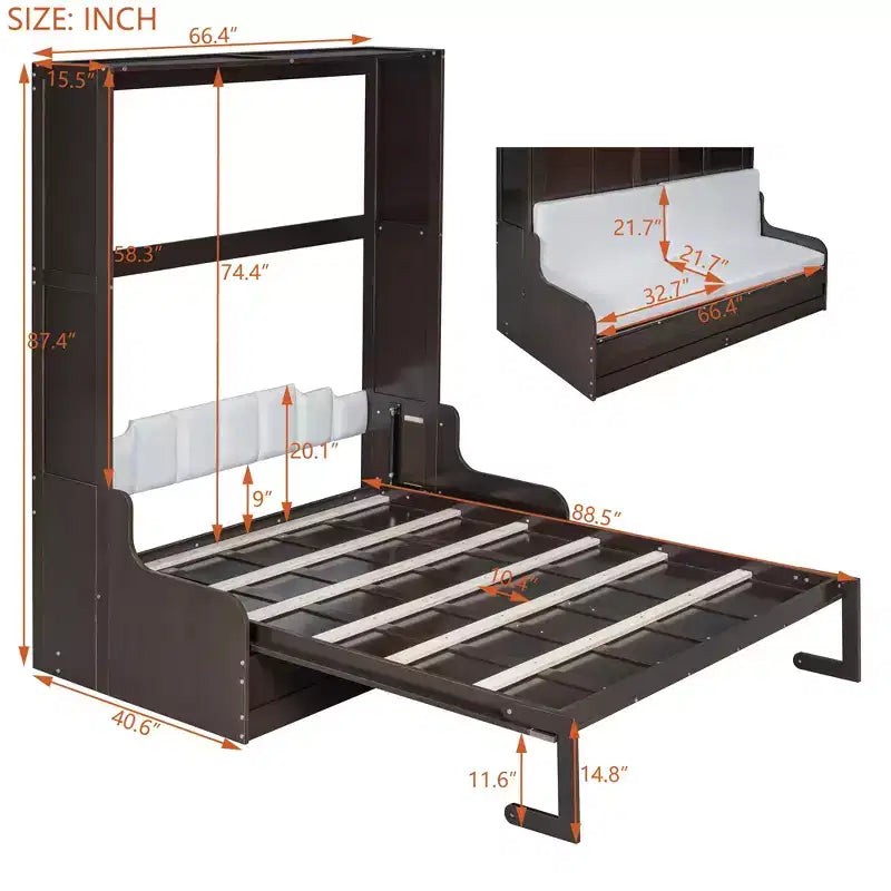 Lit escamotable Queen Size Whisen, se replie en armoire avec coussin, facile à utiliser