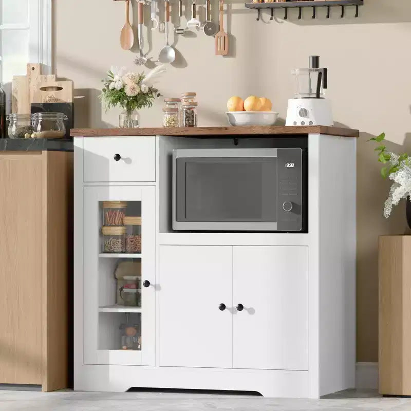 Meuble/Support micro-ondes de cuisine avec 3 portes et 1 tiroir, buffet avec étagères réglables, meuble de rangement pour garde-manger de cuisine