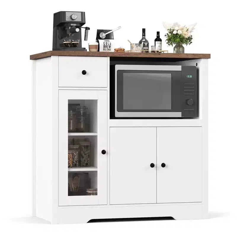 Meuble/Support micro-ondes de cuisine avec 3 portes et 1 tiroir, buffet avec étagères réglables, meuble de rangement pour garde-manger de cuisine