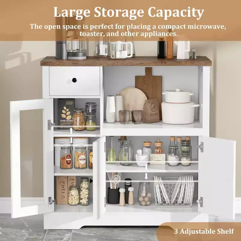 Meuble/Support micro-ondes de cuisine avec 3 portes et 1 tiroir, buffet avec étagères réglables, meuble de rangement pour garde-manger de cuisine
