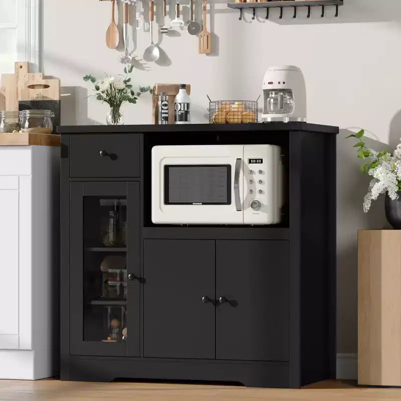Meuble/Support micro-ondes de cuisine avec 3 portes et 1 tiroir, buffet avec étagères réglables, meuble de rangement pour garde-manger de cuisine