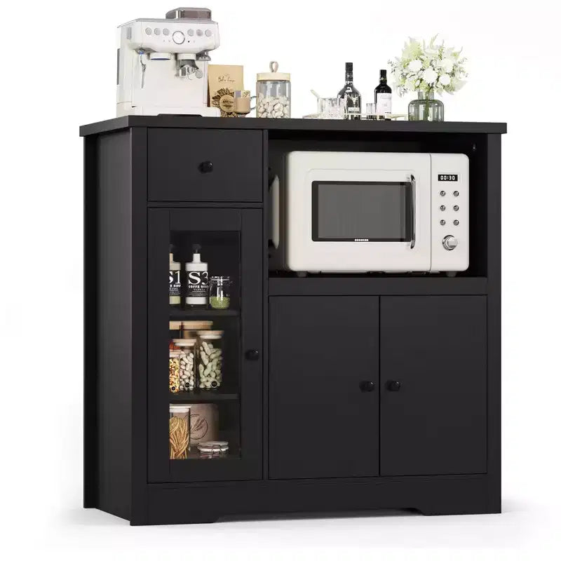 Meuble/Support micro-ondes de cuisine avec 3 portes et 1 tiroir, buffet avec étagères réglables, meuble de rangement pour garde-manger de cuisine