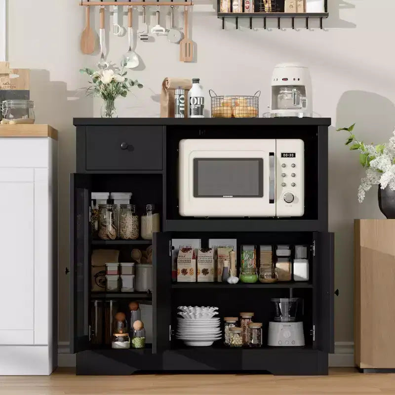 Meuble/Support micro-ondes de cuisine avec 3 portes et 1 tiroir, buffet avec étagères réglables, meuble de rangement pour garde-manger de cuisine