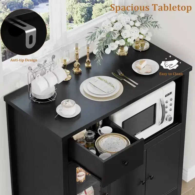 Meuble/Support micro-ondes de cuisine avec 3 portes et 1 tiroir, buffet avec étagères réglables, meuble de rangement pour garde-manger de cuisine