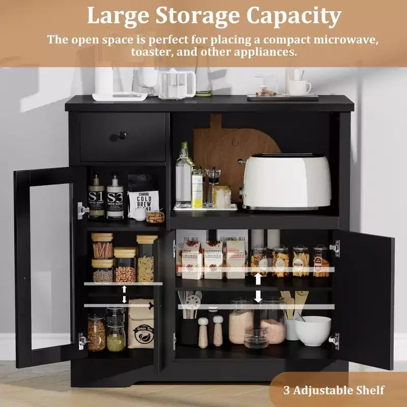 Meuble/Support micro-ondes de cuisine avec 3 portes et 1 tiroir, buffet avec étagères réglables, meuble de rangement pour garde-manger de cuisine