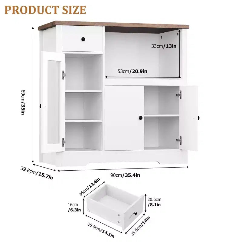 Meuble/Support micro-ondes de cuisine avec 3 portes et 1 tiroir, buffet avec étagères réglables, meuble de rangement pour garde-manger de cuisine