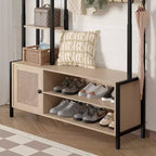 Meuble d'entrée VECELO avec banc et rangement à chaussures, portemanteau d'entrée 5-en-1 avec 9 crochets, étagères de rangement à 2 niveaux et portes en rotin, beige